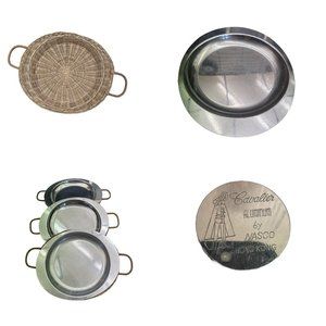 Vintage Set Of 3 Cavalier Nasco Aluminum Plates With 3 Rattan Wicker Holders